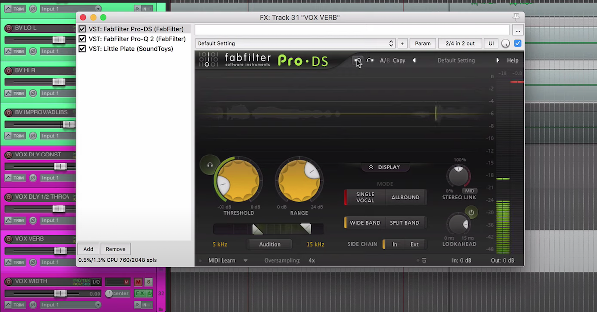 The Fabfilter Pro-DS plugin in Reaper.