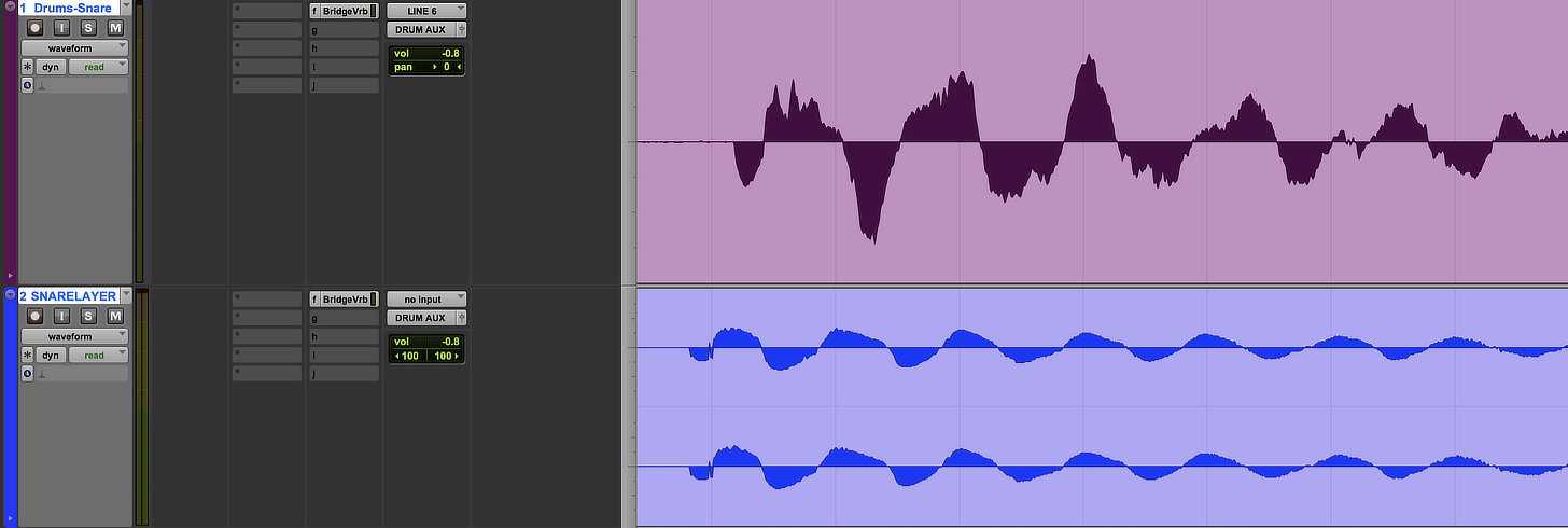 A layered snare (in blue) that was printed before the original snare. This will result in a "flammy" sound.