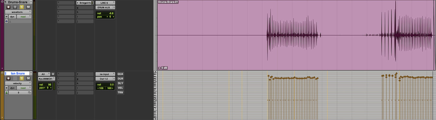 Note how the Velocities of individual hits are embedded into the MIDI. This ensures a dynamic, humanistic-sounding performance.