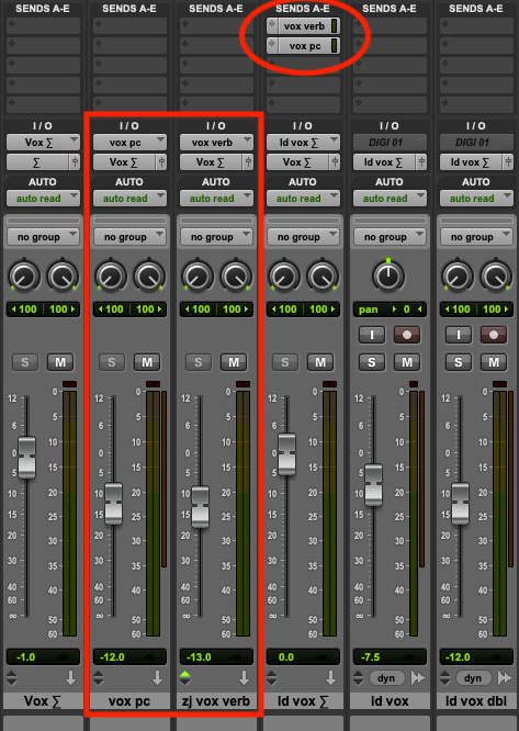 Send outputs are routed to reverb and parallel compression busses.