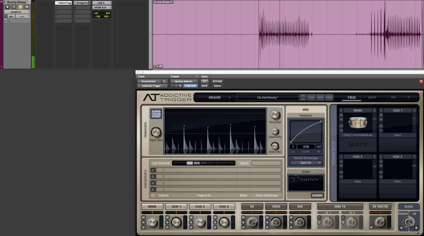 Using Addictive Trigger to augment a snare recording.