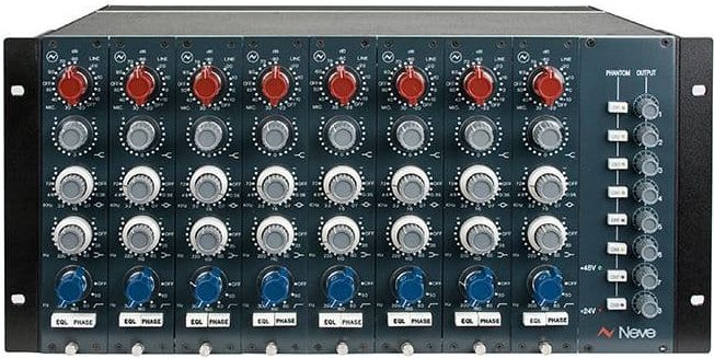 A rack full of AMS Neve 1073 Preamps