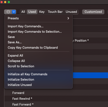 Logic Pro Key Commands חלון פעולה